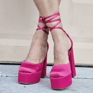 Womens Satin Platform Chunky Lace Up Heels Pink Color